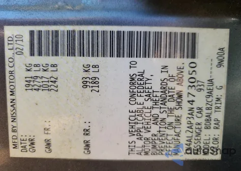 2010 Nissan Altima Base из США, поврежденный, VIN 1N4AL2AP3AN473050